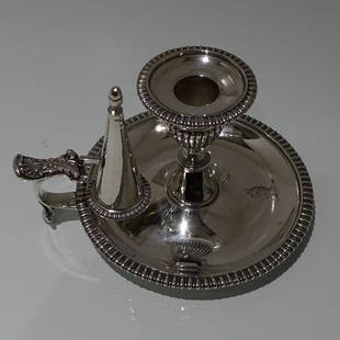 Early 19th Century George III Antique Sterling Silver Chamberstick London 1813 John Craddock &: Title: Early 19th Century George III Antique Sterling Silver Chamberstick London 1813 John Craddock & William Reid Subtitle: A superb quality gadroon border circular chamberstick. Description:Descript