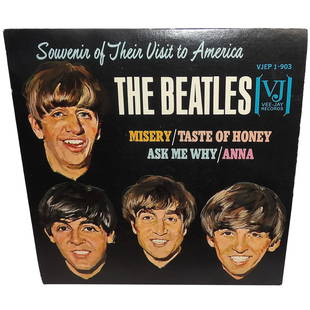 The Beatles 'Souvenir of Their Visit to America' 1964 EP 7" Vinyl Record: The Beatles 'Souvenir of Their Visit to America' 1964 EP 7" Vinyl Record was produced by VJ (Vee Jay) Records. Side one includes the songs Misery and Taste of Honey. Side 2 includes the songs Ask Me