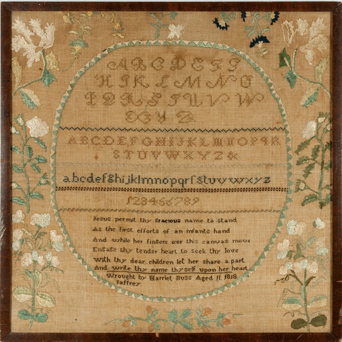 Needlework sampler from Jaffrey, NH  by Harriet Buss dated 1818 (1 of 2)