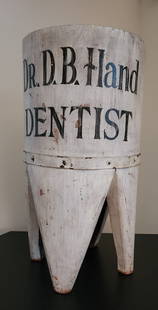 Large Wood Tooth Trade Sign: THIS HAND MADE UNUSUAL WOOD TOOTH IS MADE OF HAND - HEWN OAK BOARDS, THAT ARE TONGUE AND GROOVE. COULD HAVE BEEN FORMED FROM AN OLD OAK BARREL. IN OLD WORN WHITE PAINT WITH A DENTIST NAME ON TOOTH. IT