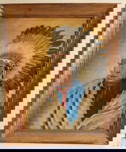 Painting of Native American Chief: Oil on artist's board signed “Thomas Schroeder" and dated 1954. In a period appropriate frame, this folksy image of a Native American with a colorful headdress and bright yellow ground is very s
