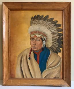 Painting of Native American Chief: Oil on artist's board signed “Thomas Schroeder" and dated 1954. In a period appropriate frame, this folksy image of a Native American with a colorful headdress and bright yellow ground is very s