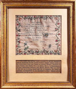 Love Letter sampler dated May 1st 1778: Young Deborah Jane Berkin must have been away at school and missing her dear friend Debby, in early spring (May Day) of 1778, when she stitched this charming sampler. One can imagine Deborah and Debby