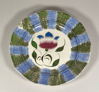 Staffordshire Rainbow Spatterware Dark Green and Blue Tulip Plate: Staffordshire Rainbow Spatterware plate in a Dark Green and blue with tulip pattern. In good condition with a very minor touch up to the blue in the tulip tips. Something that is quite common on spatt