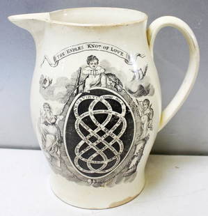 English Large Creamware Jug decorated with the "Endless Knot of Love" Pattern, Probably Herculaneum,: The large creamware jug is decorated on each side with a black transfer print. To one side is a print of "Knot of Love", titled The Endless Knot of Love with a poem written on a knot. Invisible repair