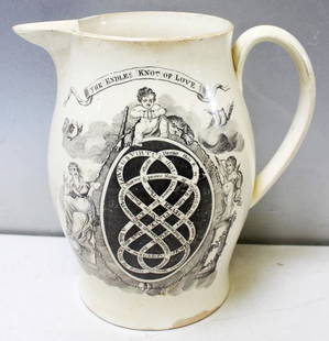 English Large Creamware Jug decorated with the "Endless Knot of Love" Pattern, Probably Herculaneum,: The large creamware jug is decorated on each side with a black transfer print. To one side is a print of "Knot of Love", titled The Endless Knot of Love with a poem written on a knot. Invisible