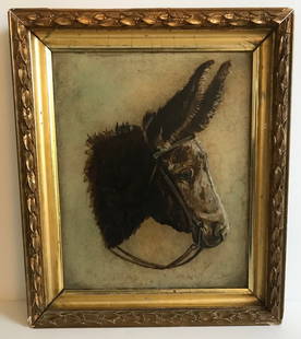 Portrait of Someone's Favorite Donkey: This is an oil on board painting from the first half of the 20th century and is displayed in a Victorian frame. While the work is unsigned, the artist displays nice talent in the execution of this cha