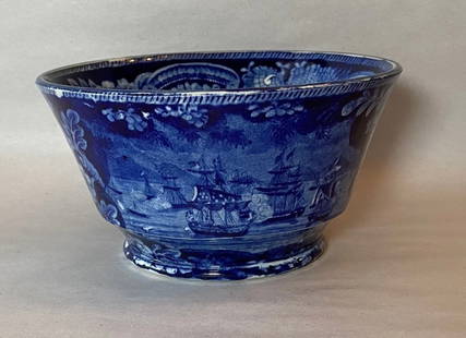 Historical Staffordshire Blue Waste Bowl Macdonough's Victory: Historical Staffordshire blue waste bowl in the Macdonough's Victory pattern by Enoch Wood & Sons. In perfect condition with no chips, cracks or repairs. It measures 2 7/8" tall by 5 3/8" in diameter