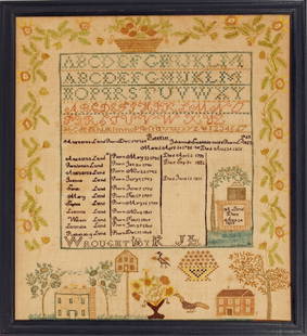 C.1822 Needlework Sampler from Dunstable, NH by Rebecca J. Lund: Rebecca worked this graphic family register sampler in c.1822 that records her immediate family. She was the youngest of eleven children born to Augustus Lund and Johanna (Smith) Lund all from Dunstab