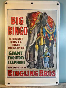 Vintage Ringling Bros Big Bingo Giant Elephant Circus Poster: Title: VINTAGE RINGLING BROS BIG BINGO GIANT ELEPHANT CIRCUS POSTER Date/Period: UNKNOWN, IT IS MARKED 1916 BUT I AM NOT EXPERT Dimension: APPROX: 36 x 23.5 Material: PAPER Additional Information: int