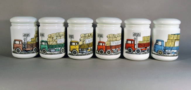 Set of Piero Fornasetti Opaque White Glass Food Jars and Covers made for Fiat: Six Jars with Lorry or Truck motif, Circa 1960. The truck or lorry motif glass jars with lids were made for the Fiat Motor Company as promotional pieces- part of a special series made for the annivers