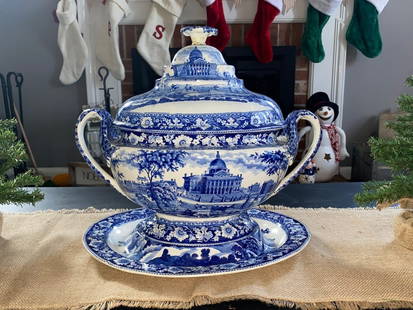 Historical Staffordshire Boston State House Soup Tureen: Historical Staffordshire blue soup tureen in the Boston State House pattern by Rogers. Extremely rare form that we have only seen one other in 40 years. This particular one has been in the same family