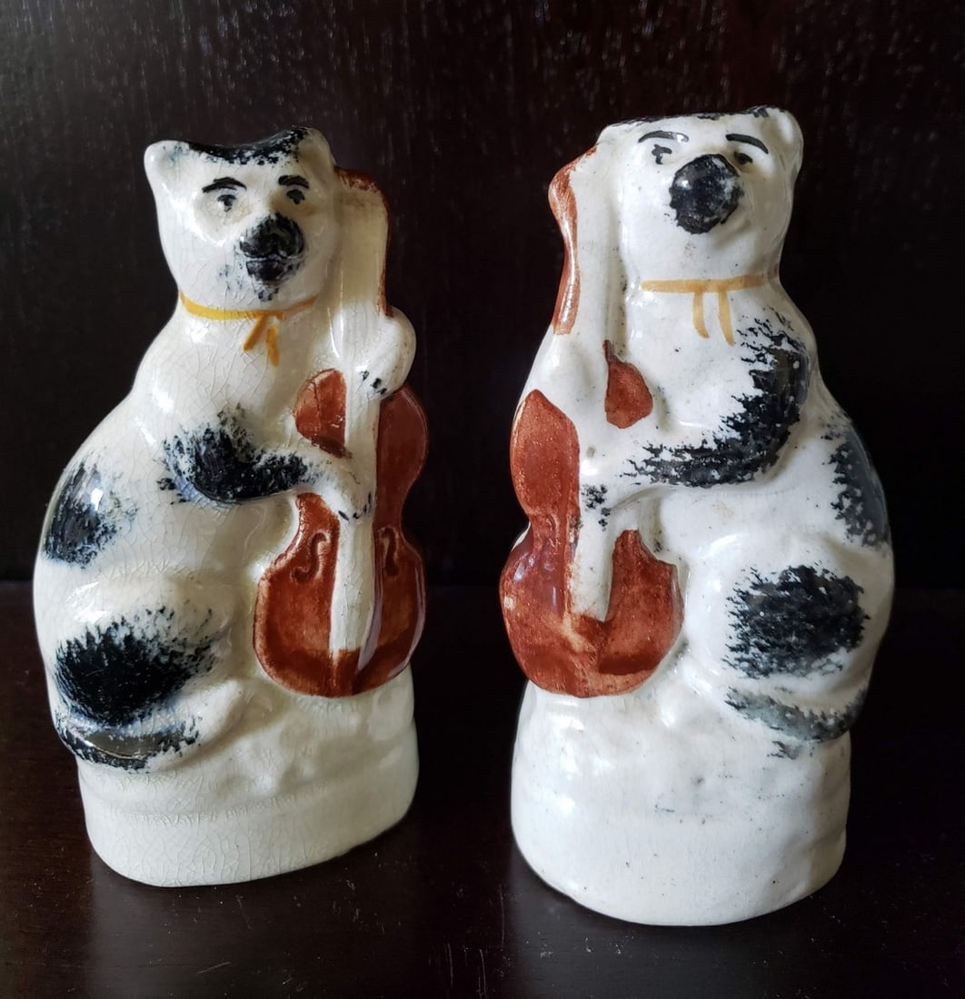 Staffordshire Pair of Miniature Figures of Cat Musicians Playing  An Upright String Bass, Circa 1860 (1 of 4)