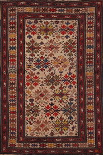 Pre-1900 Antique Kazak Vegetable Dye Rug 3x5: Title: Pre-1900 Antique Kazak Vegetable Dye Rug 3x5Description: A Beautiful Genuine Russia Kazak rug is Hand Knotted by skillful weavers in Russia with 100% Wool Material. This rug is in Very Good