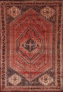 Antique Shiraz Persian Area Rug 5x8: Title: Antique Shiraz Persian Area Rug 5x8Description: A Beautiful Genuine Iran ( Persia ) Shiraz rug is Hand Knotted by skillful weavers in Iran ( Persia ) with 100% Wool Material. This rug is in