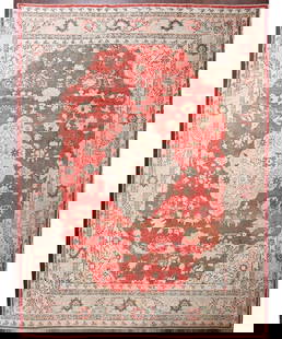 Antique Oushak carpet: Title: Antique Oushak carpet Description: bold tomato red, ivory, and muted blue and green Origin (City & Country):Turkey Year:c-1920's Size/Format:11' x 15' Material:Wool Reserve: $3,400.00 Shipping: