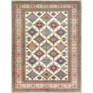 Ivory, Afghan Super Kazak Natural Wool Hand Knotted Oriental Rug: Title: Ivory, Afghan Super Kazak Natural Wool Hand Knotted Oriental RugDescription: This is a truly genuine one-of-a-kind . It has been Knotted for months and months in the centuries-old weaving