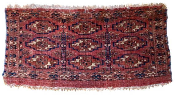 Handmade Turkmen Tekke Torba rug 1' x 2' ( 30cm x 63cm) 1860s: Title: Handmade Turkmen Tekke Torba rug 1' x 2' ( 30cm x 63cm) 1860s Origin: Turkmenistan Dimension:1' x 2' ( 30cm x 63cm) Materials: wool Year: 1860s Description:Antique Turkmen Tekke Torba in unusua
