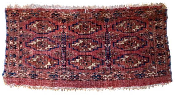 Handmade Turkmen Tekke Torba rug 1' x 2' ( 30cm x 63cm) 1860s: Title: Handmade Turkmen Tekke Torba rug 1' x 2' ( 30cm x 63cm) 1860sOrigin: TurkmenistanDimension:1' x 2' ( 30cm x 63cm)Materials: woolYear: 1860sDescription:Antique Turkmen Tekke Torba in unusually