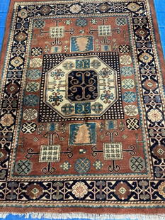 Hand Knotted Kazak Rug 4x5.6 ft: Title: Hand Knotted Kazak Rug 4x5.6 ft Description: Hand Knotted Kazak Rug 4x5.6 ft Dimensions:4x5.6 ft Circa :1980 Origin:Turkey Material:100 % Wool Reserve: $200.00 Shipping: Domestic: Flat-rate of