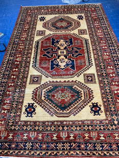 Hand Knotted Kazak Rug 8.7x5.5 ft: Title: Hand Knotted Kazak Rug 8.7x5.5 ft Description: Hand Knotted Kazak Rug 8.7x5.5 ft Dimensions:8.7x5.5 ft Circa :1980 Origin:Turkey Material:100 % Wool Reserve: $200.00 Shipping: Domestic: Flat-ra