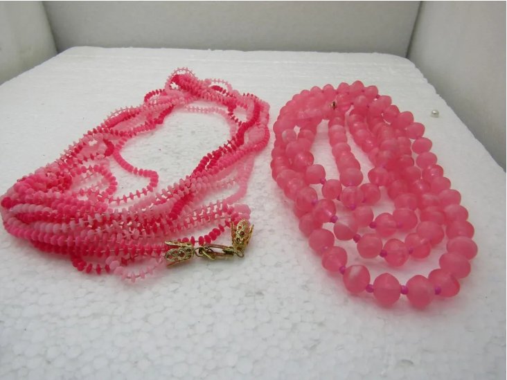Vintage 2 Pink Beaded Necklace, 50", And 52", 1950's-1960's: DescriptionVintage 2 Pink Beaded Necklace, 50", and 52", 1950's-1960's, 10.5mm translucent beaded beaded necklace with small pink spacer beads, spring clasp and 52" long. The other is a 50" multi-stra
