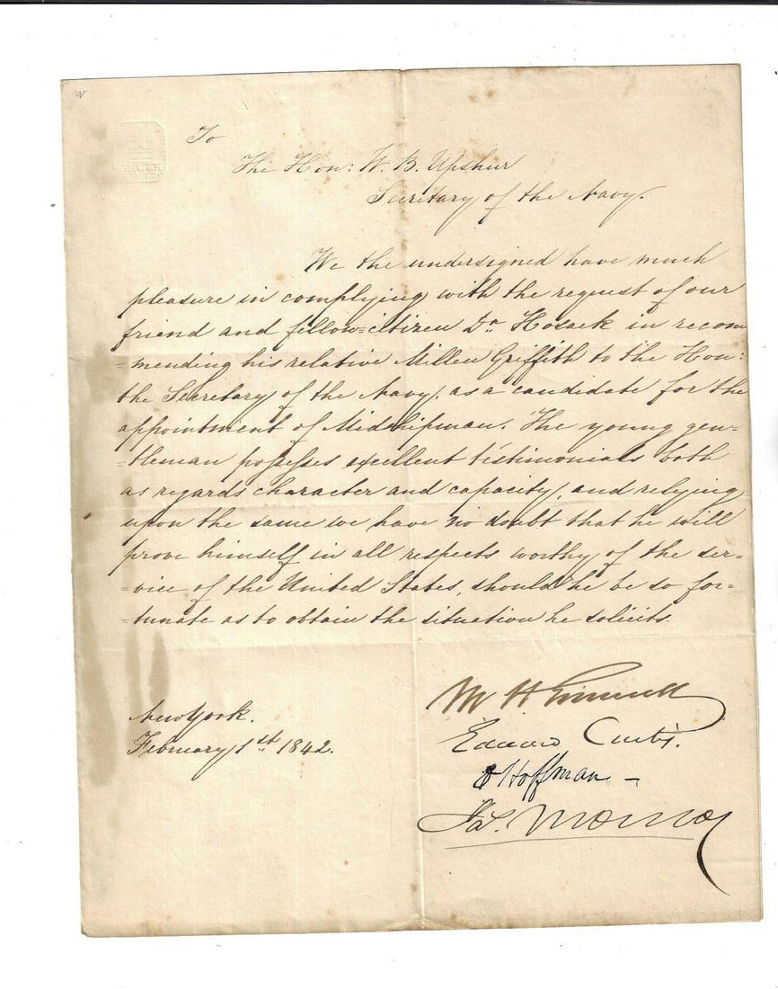 1842 Manuscript Letter Naval Recommendation (1 of 1)