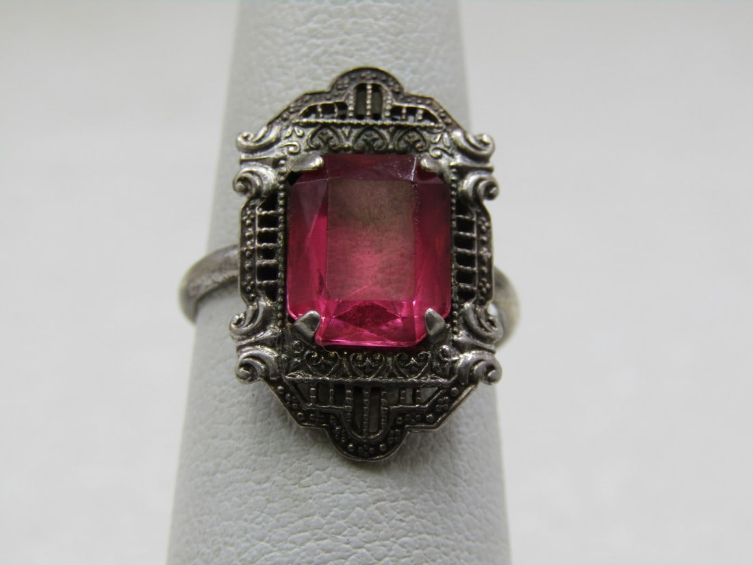 Vintage Sterling Pink Stone Art Deco Ring, Sz. 5, 1920's-1930's (1 of 6)