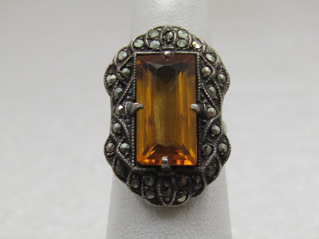 Vintage Sterling Yellow Art Deco Marcasite Ring, Sz. 5, 1920's-1930's (1 of 7)