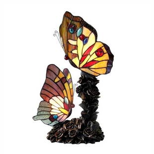 17" Double Butterfly Stained Glass Accent light Lamp: Description 17" Tall x 8.7" Wide Great reproduction glass butterfly lamp. This piece is hand made from individually cut pieces of glass. The base is made from metal and resin. The technique used