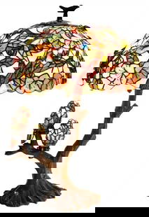 29" Tiffany Style Stained Glass Table Lamp: 29" Tall x 18" Stunning new reproduction lamp with two birds sitting on a branch as a base. Vibrantly colored shade. The two birds are each hand crafted, and can both be removed to put a 7 watt E12 bu