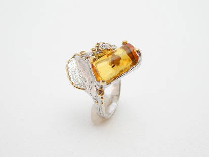 Natural Baltic Lemon Amber and Citrine Gemstone Fossilized Ant Floral Ring in 925 Sterling Silver: This Baltic Lithuanian amber ring is a one-of-a-kind piece that has endured the test of time. The sphere cut lemon amber gemstone features an ancient ant preserved over millions of years. The