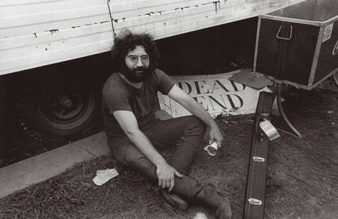 JIM MARSHALL - Jerry Garcia, &#8220;Dead end&#8221;, Woodstock, 1969: Artist: JIM MARSHALL Print Title: Jerry Garcia, &#8220;Dead end&#8221;, Woodstock, 1969 Printing Date: 1990&#8217;s Medium: Photo-lithograph Printed in: the US Image Size: approx. 5.5 x 8&#8221; Jim M