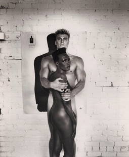 HELMUT NEWTON - Grace Jones and Dolph Lundgren, LA, 1985: Artist: HELMUT NEWTON Print Title: Grace Jones and Dolph Lundgren, LA, 1985 Medium: Duotone Photoengraving Printed in Germany, 1980s Image size (inches) approx. 9 x 7.5” Helmut Newton (1920-200