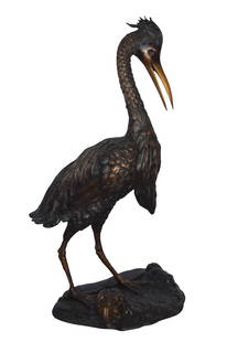 Crane Looking Down Bronze Statue – Size: 17″L x 12″W x 31″H.: Title: Crane Looking Down Bronze Statue – Size: 17″L x 12″W x 31″H. Description: Bronze Crane standing, mounted on a bronze base. Like those seen in traditional English gardens