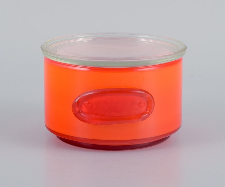 Michael Bang for Holmegaard. Three bowls in orange and white art glass.: Title: Michael Bang for Holmegaard. Three bowls in orange and white art glass. Description: Michael Bang for Holmegaard. Three bowls in orange and white art glass. Two with matching lids. In perfect c