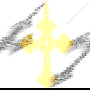 Original Antique Art Nouveau 18K Gold and Diamond Cross: The Allison cross is an authentic vintage piece handmade in the Art Nouveau Era. It centers one old mine cut diamond of H color and SI1 clarity that weighs 0.08ctw. Total weight: 14.1 grams/ 9.0 dwt C