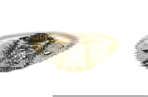 14K YELLOW & WHITE GOLD DIAMOND C1900 VICTORIAN RING UNIQUE ANTIQUE: N-UOO 14K YELLOW GOLD DIAMOND RING C.1900 VICTORIAN ANTIQUE Hurry up – there is ONLY ONE pair available! SIZE: 6.75-7.00 WEIGHT 1.5 G WIDTH UP TO 5/16'' DIAMONDS - APPROX. 0.10 CTS, SINGLE CUT,