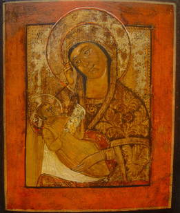 Mother of god Soothe my Sorrow, Russia, 19th century: Mother of god Soothe my Sorrow, Russia, 19th century, tempera on wooden board, size 31 x 26 cm. The Mother of God is shown in half-length holding the Christ Child. Jesus as he holds a scroll that