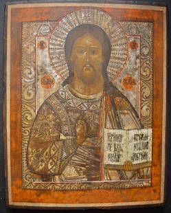 Christ Pantocrator/Saviour, 19th century: Christ Pantocrator/Saviour, 19th century, Old Antique Religious Russian icon, tempera on wooden board, size 36 x 25 cm. The iconic image of Christ Pantocrator ("Christ, Ruler of All") was one of the