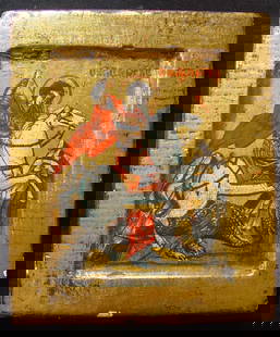 Saint George, 19th century, Orthodox Icon: Saint George, 19th century, Orthodox Icon, tempera on wooden board, size 10 x 16 cm. Saint George of Lydda (ca. 275/281 – April 23, 303) was according to tradition, a Roman soldier in the Guard of E