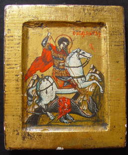 Saint George, 19th century, Orthodox Icon: Saint George, 19th century, Orthodox Icon, tempera on wooden board, size 10 x 16 cm. Saint George of Lydda (ca. 275/281 – April 23, 303) was according to tradition, a Roman soldier in the Guard of