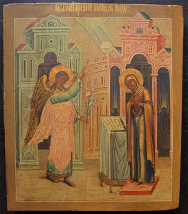 Annunciation, Russian, 19th century tempera on wooden board: Annunciation, Russian, 19th century tempera on wooden board, size 30 x 26 cm. The Feast of the Annunciation of Our Most Holy Lady, the Theotokos and Ever-Virgin Mary is celebrated on March 25 each yea