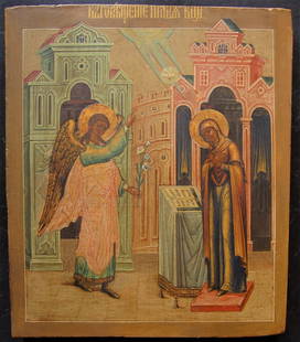 Annunciation, Russian, 19th century tempera on wooden board: Annunciation, Russian, 19th century tempera on wooden board, size 30 x 26 cm. The Feast of the Annunciation of Our Most Holy Lady, the Theotokos and Ever-Virgin Mary is celebrated on March 25 each