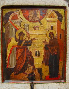 Annunciation: Annunciation, Orthodox Antique Icon, 17th century, tempera on wooden board, Size 36 x 30cm. The Feast of the Annunciation of Our Most Holy Lady, the Theotokos and Ever-Virgin Mary is celebrated on