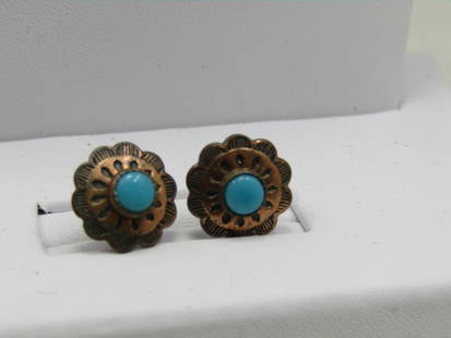 Vintage Southestern Copper Turquoise Earrings, Pierced Stud, 1/2": Vintage Southestern Copper Turquoise Earrings, Pierced Stud, 1/2" with a raised bezel-set turquoise colored stone. Great southwestern appeal. Good to very good condition, some finish change on the bac