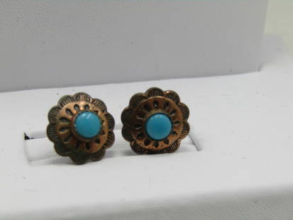 Vintage Southestern Copper Turquoise Earrings, Pierced Stud, 1/2": Vintage Southestern Copper Turquoise Earrings, Pierced Stud, 1/2" with a raised bezel-set turquoise colored stone. Great southwestern appeal. Good to very good condition, some finish change on the