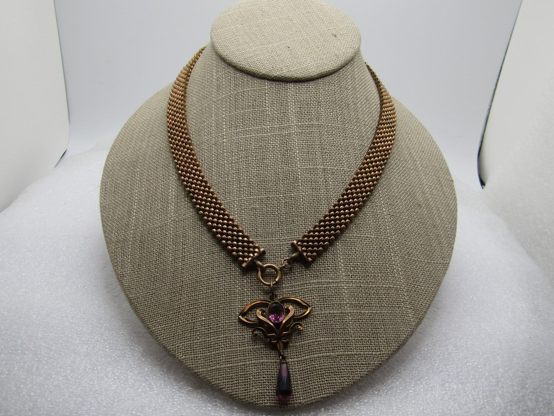 Victorian 10kt G.F. Mesh Purple Drop Pendant Necklace , 19.5" and 2" Pendant,: Victorian 10kt G.F. Mesh Purple Drop Pendant Necklace , 19.5" and 2" Pendant, this is appx. 1/2" wide slightly under made up of 10kt gold filled beads that are arranged in staggered rows. The necklace