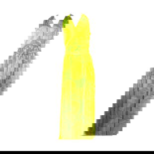 Vintage KIKI HART Yellow and Green Sleeveless Maxi Dress w/ Belt: Title: Vintage KIKI HART Yellow and Green Sleeveless Maxi Dress w/ Belt Description: Product details: Yellow and green geometric, abstract, circle pattern Featuring v- neck cut out, and belt details S