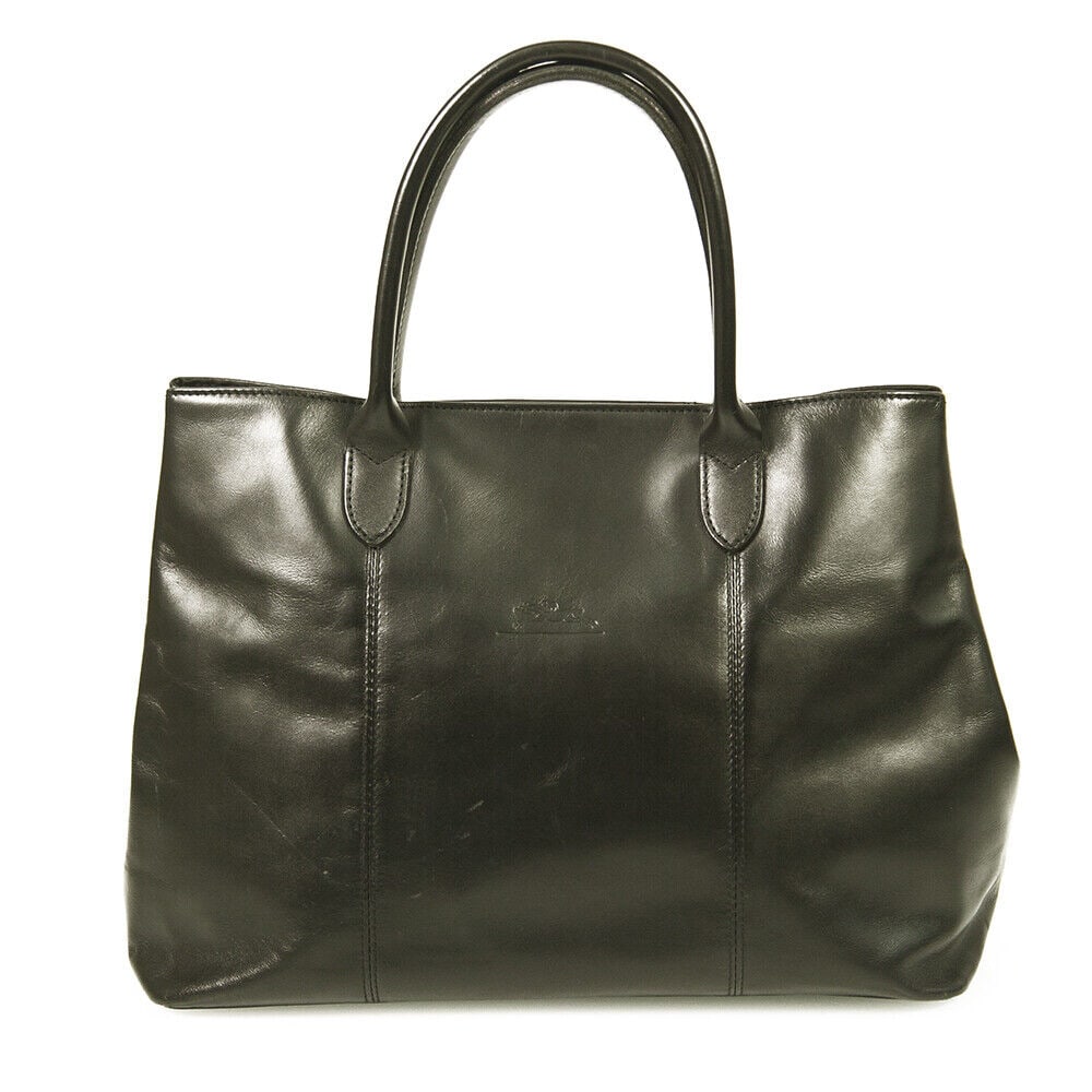 Longchamp Black Leather Snap Button Two Handles Bag Satchel Handbag (1 of 8)